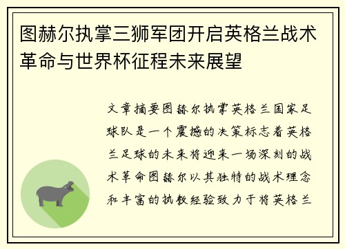 图赫尔执掌三狮军团开启英格兰战术革命与世界杯征程未来展望 图赫尔执掌三狮军团开启英格兰战术革命与世界杯征程未来展望