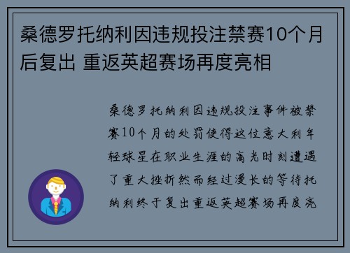 桑德罗托纳利因违规投注禁赛10个月后复出 重返英超赛场再度亮相 桑德罗托纳利因违规投注禁赛10个月后复出 重返英超赛场再度亮相